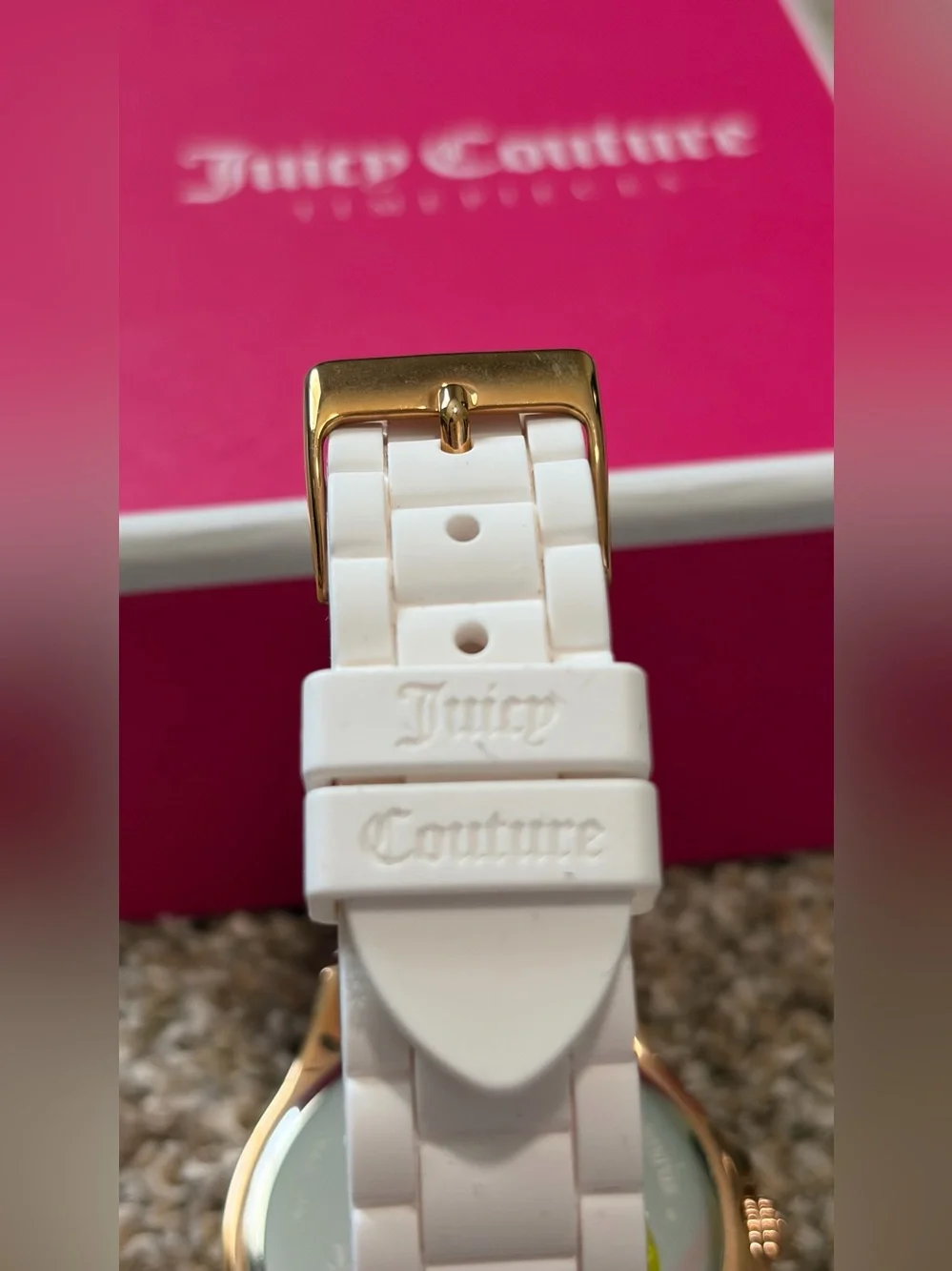 Y2K Juicy Couture White Silicone Strap Rose Gold-Tone Crystal Watch